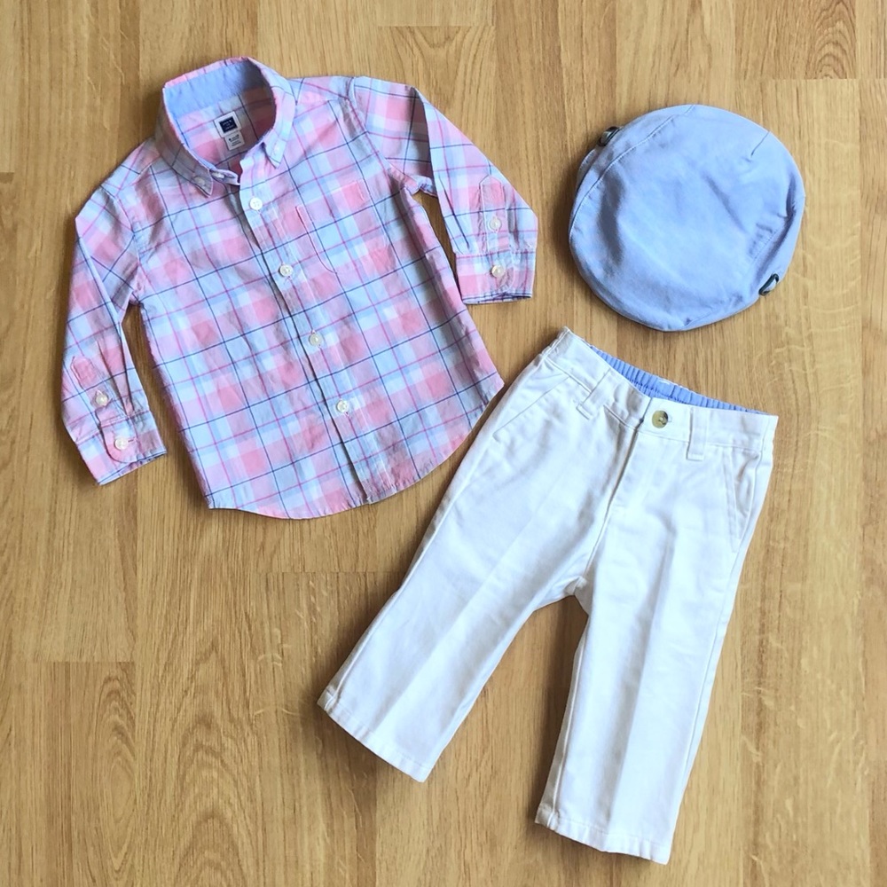 EUC Janie & Jack Baby Boy Outfit-Pink + Blue Plaid Shirt, White Pants, Blue Hat